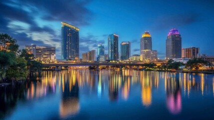 Fototapeta premium Illuminated City Skyline Reflected in Calm Water at Night