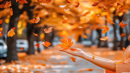 Person catches falling autumn leaves in park background