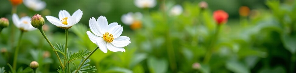 High angle view of white anemone canadensis flowers growing in a garden, white, high angle view, garden