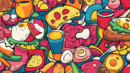 Naklejka premium Breakfast healthy food meal icons seamless pattern background drinks flat design bread egg lunch healthy meat menu restaurant vector illustration.