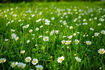 A vibrant green meadow filled with white daisies and yellow buttercups bathed in the warm afternoon sun, Bright green grass dotted with daisies and buttercups