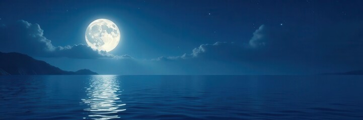 Full moon's ethereal glow on tranquil sea, stars reflected , spectacular, moon, tranquil