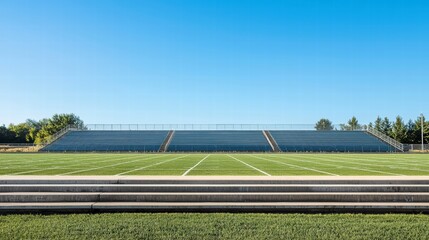 Empty Stadium Under Sky: A sweeping shot of an expansive stadium, with empty seats and pristine green field, captured beneath a vast, cloudless blue sky. It showcases the vastness of sporting venue.