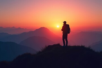 Obraz premium A silhouette of a traveler standing on a mountain peak gazing at sunset