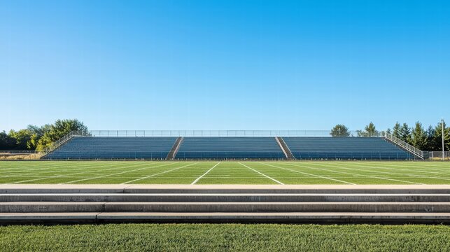 Empty Stadium Under Sky: A sweeping shot of an expansive stadium, with empty seats and pristine green field, captured beneath a vast, cloudless blue sky. It showcases the vastness of sporting venue.