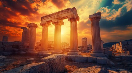 Fototapeta premium Ancient ruins stand tall illuminated by a dramatic sunset