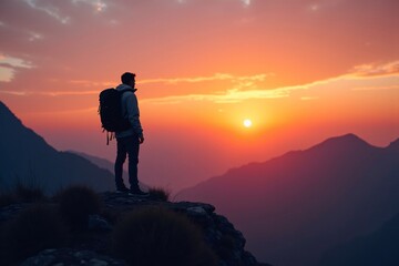 Fototapeta premium A silhouette of a traveler standing on a mountain peak gazing at sunset