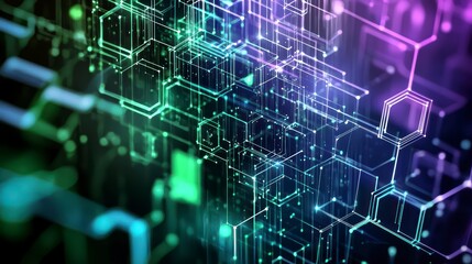 Obraz premium Digital Tapestry: intricate network, geometric designs and illuminated pathways create a mesmerizing digital tapestry, a vibrant visualization of interconnected systems.