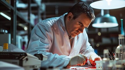 Middle-aged male scientist in a lab coat, studying a blood sample under bright lab lights, focused on his research.