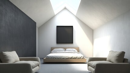 A minimalist Scandinavian bedroom in an attic with a slanted ceiling, a single skylight, and no windows