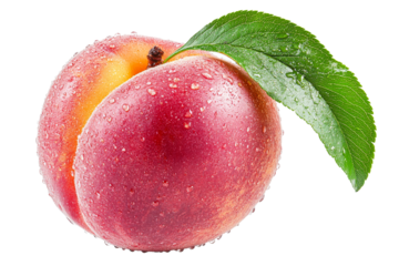Fresh peach with dew drops on a transparent background