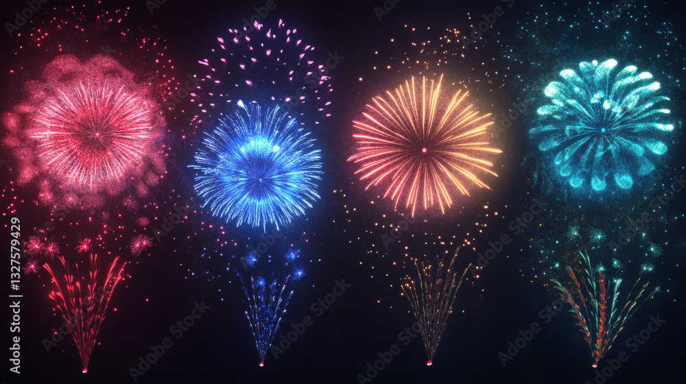 Poster firework different shapes colorful festive vector.