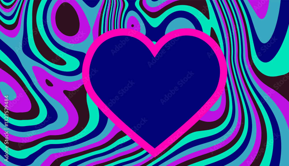 Poster Psychedelic abstract background with swirling patterns in blue, purple, and green. A bold black heart outlined in bright pink is centered, creating a striking focal point.