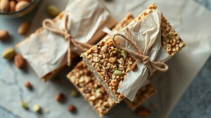 Delicious homemade granola bars, wrapped and ready to eat. The perfect snack for a healthy lifestyle.