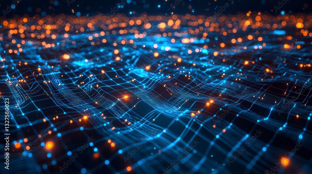 Poster digital network visualization: an intricate, shimmering network of interconnected data points, illum