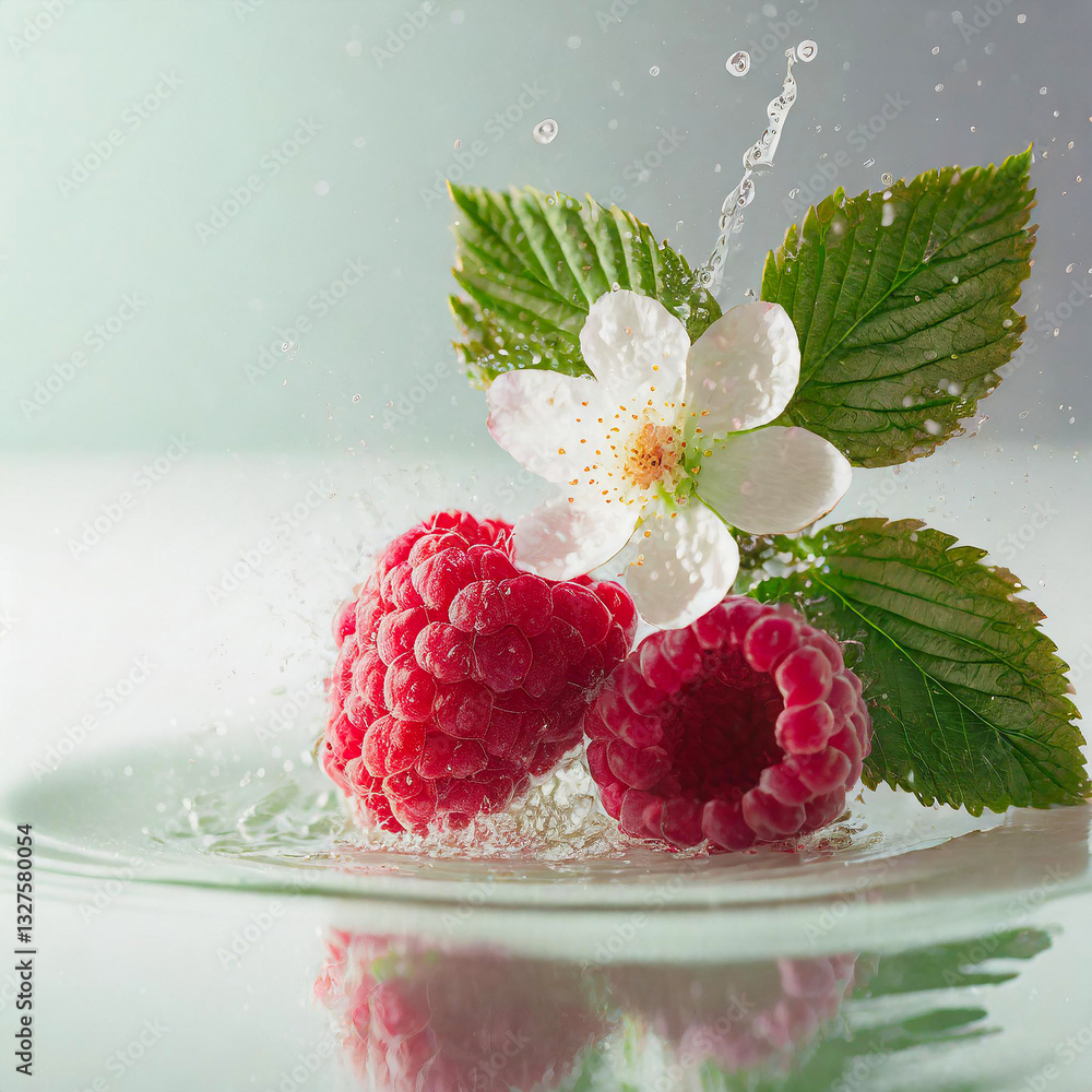 Poster illustration of a vibrant raspberries splashes into water, creating a dynamic and colorful scene, re