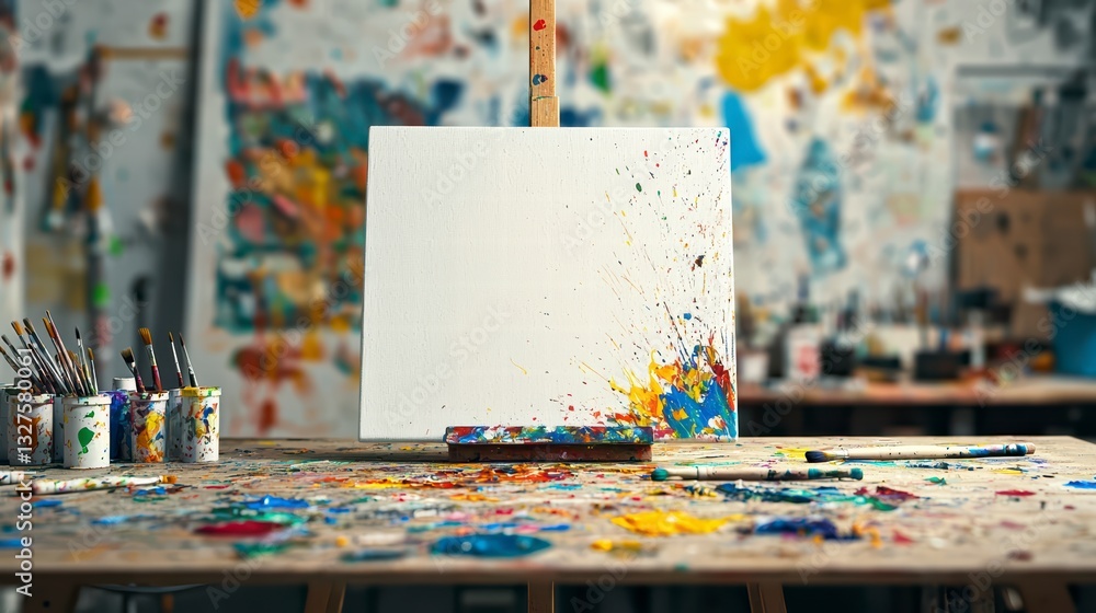 Poster blank canvas of creation: an inviting art studio, ready for inspiration, with a clean canvas set aga