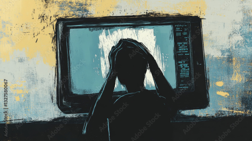 Poster modern digital technology system work error, tiny character hold head, software problem flat vector 