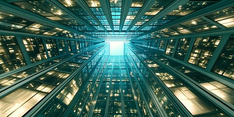 Modern Skyscraper Architecture with Steel and Glass Facade Viewed from Below