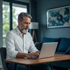 Fototapeta premium Portrait of a handsome man using a laptop in a bright and organized home office environment