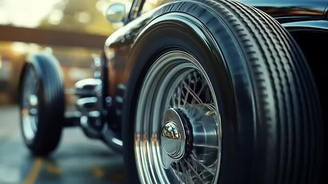 A chrome rimmed vintage auto wheel with a black rubber tire detail