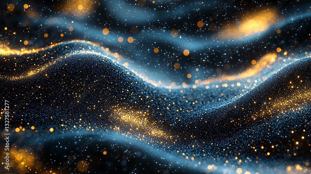 Poster Shimmering Blue and Gold Particle Waves Abstract Background