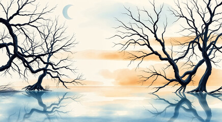 Obraz premium Serene Landscape of Bare Trees Reflected in Calm Waters at Sunset. The tranquil scene captures the beauty of nature during a peaceful evening.