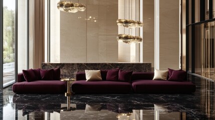 A modern hotel lobby with deep burgundy sofas placed beneath intricate champagne gold lighting fixtures, casting a soft glow over polished black marble floors