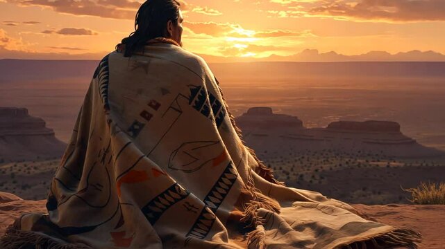 Mann mit Decke blickt &uuml;ber Canyon im Sonnenuntergang