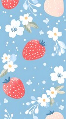 Strawberry floral Pattern: An eye-pleasing pattern of vibrant strawberries and delicate white flowers, gracefully arranged on a calming blue background.