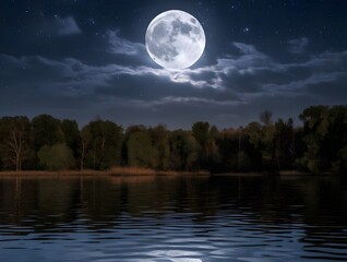 Fototapeta premium scene depicts a serene lake with a large moon hanging low in sky casting a beautiful reflection on water's surface