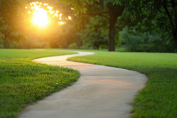 Fototapeta premium Serene winding path in the park with golden sunset near trees and green grass