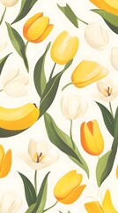 Vibrant Tulip Harmony: A seamless pattern of stunning yellow and white tulips with green leaves, creating a cheerful and uplifting aesthetic. 