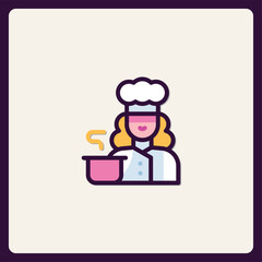 Colorful icon of a chef cooking with a pot emitting steam in flat style