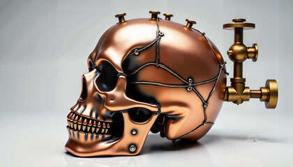 Copper skull with steampunk elements and a valve on a light background
