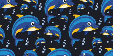 Cute blue and yellow dolphins swimming underwater with bubbles pattern on dark background. Charm sea animal illustration in vector kids-friendly style. For cartoon characters, books, postcards.