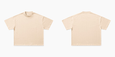 beige boxy fit tees front and back side isolated on white background
