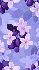 Floral Delight: A captivating pattern of delicate violet flowers and purple plums against a pastel lavender backdrop evokes serenity and the beauty of nature.