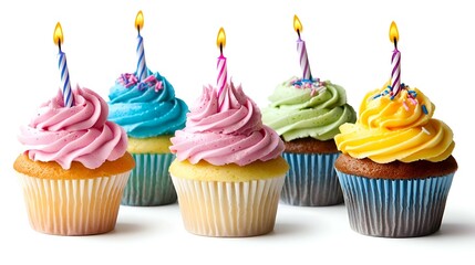 Set of colorful birthday cupcakes on white