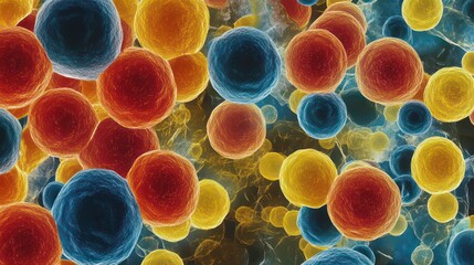 Microscopic view of virus particles, potentially representing a viral infection or disease. Useful for scientific, medical, or public health contexts.