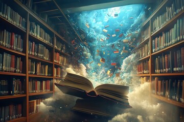 An open book reveals a fantastical library of clouds and knowledge