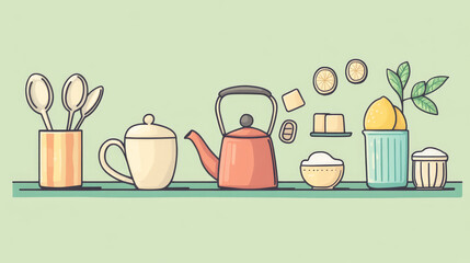 Tea ceremony time concept landing cartoon vector illustration. Kettle lemon slice sweet white sugar spoon coffee pot. Business web banner company button home, info and contact concert internet site.