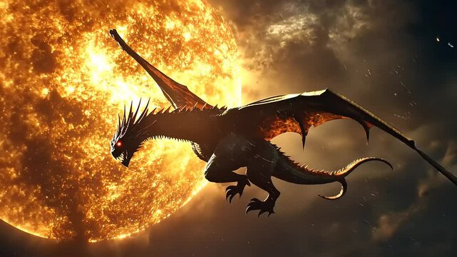 A black eagle silhouette vector art illustration flying with wings outstretched against a sunset sky