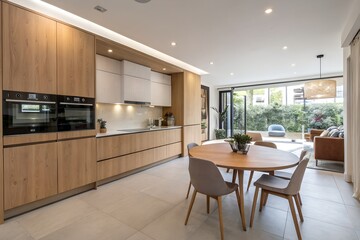 Minimalist kitchen and dining area with blank wall for design display. 3D Rendering