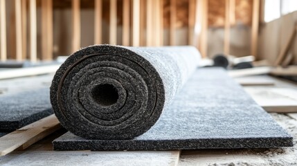 Roll of gray soundproofing felt insulation on construction site