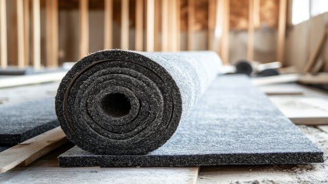Roll of gray soundproofing felt insulation on construction site