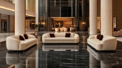 A modern luxury hotel lobby adorned with plush cream-colored sofas and sleek black marble flooring