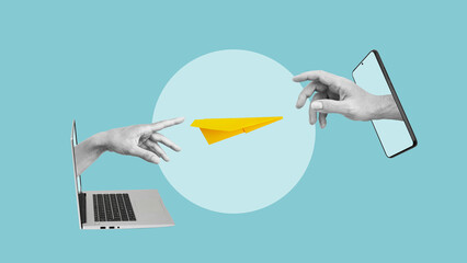 Hand sending paper airplane from a notebook to smartphone. Sending letters and notifications....