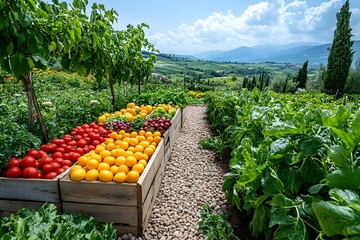 Garden with a variety of fruits and vegetables, including tomatoes, oranges, and cucumbers. The garden is well-maintained and has a peaceful, serene atmosphere
