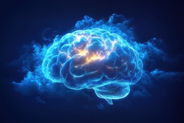 Illuminated blue digital brain surrounded by dynamic clouds showcasing the essence of creativity and innovation